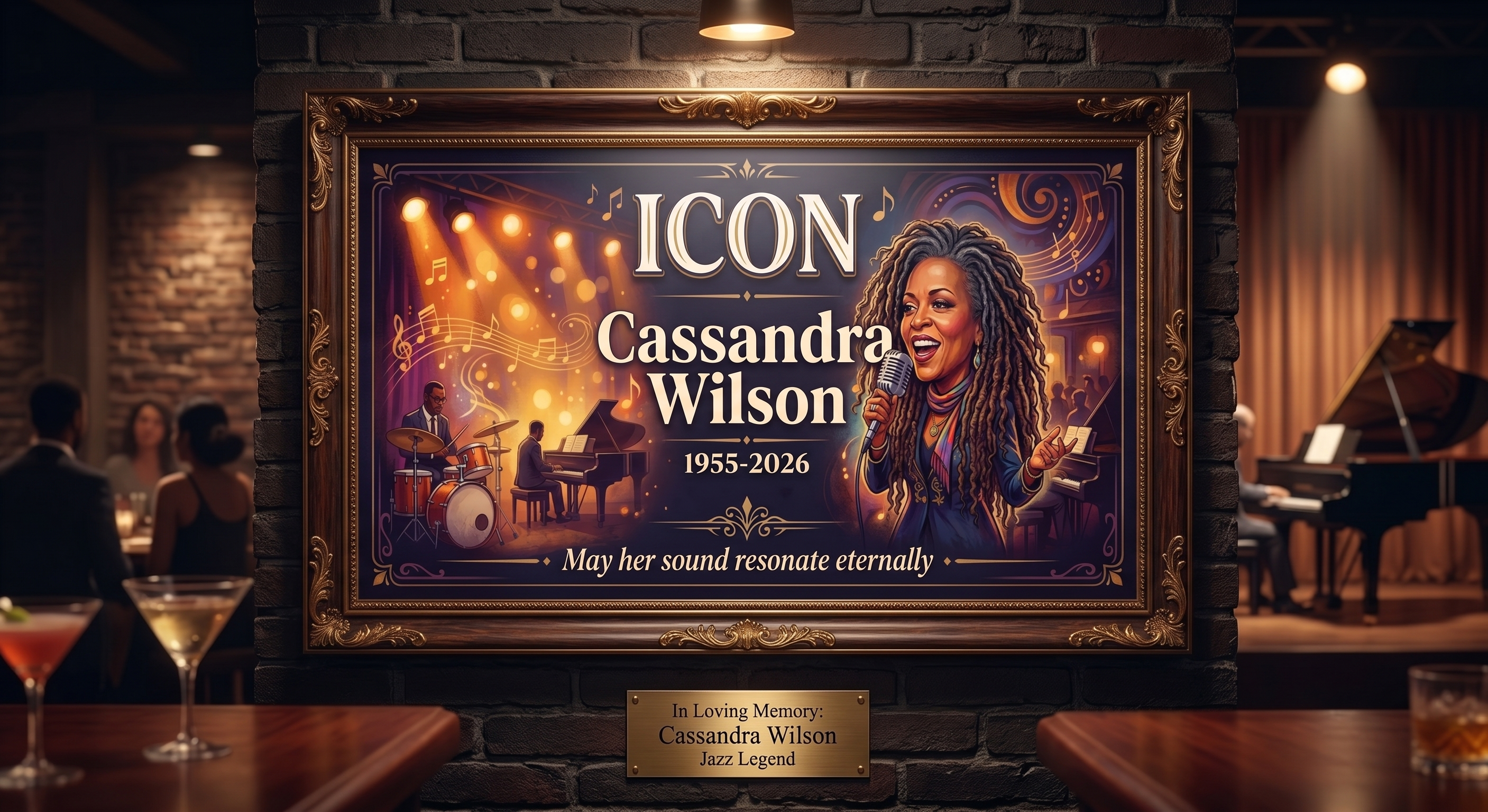A framed illustrated tribute reading ICON — Cassandra Wilson, 1955–2026, 'May her sound resonate eternally,' depicting her performing on stage with a jazz trio, displayed in a warm, dimly-lit lounge setting